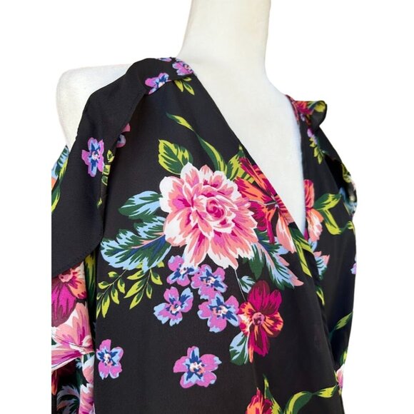 Floral Cold-Shoulder Blouse‎ By Umgee USA - Size S Navy Black Background - Picture 4 of 8